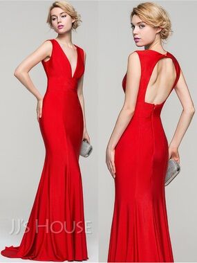 JJ’s House Red Trumpet/Mermaid V-neck Sweep Train Jersey Evening Dress | 2